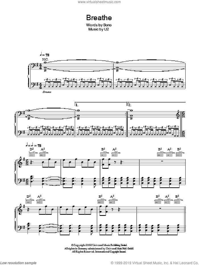 Breathe sheet music for voice, piano or guitar by U2 and Bono, intermediate skill level