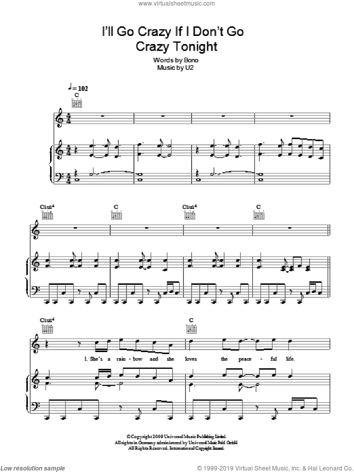 I'll Go Crazy If I Don't Go Crazy Tonight sheet music for voice, piano or guitar by U2 and Bono, intermediate skill level