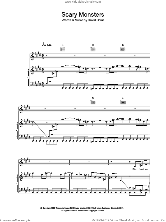 Scary Monsters sheet music for voice, piano or guitar by David Bowie, intermediate skill level