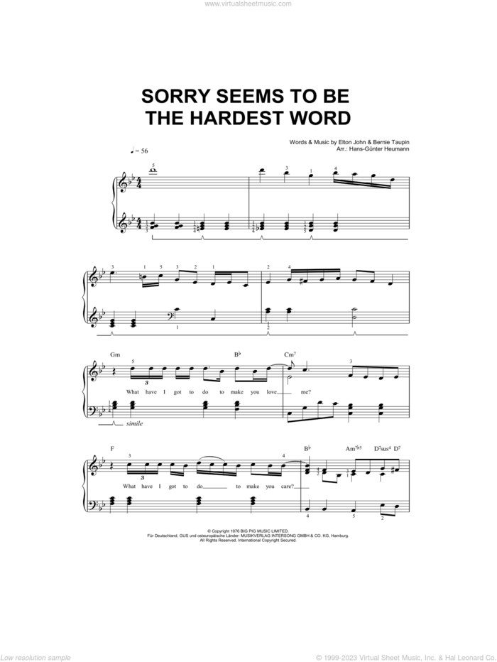 Sorry Seems To Be The Hardest Word sheet music for piano solo by Elton John, Hans-Gunter Heumann and Bernie Taupin, easy skill level