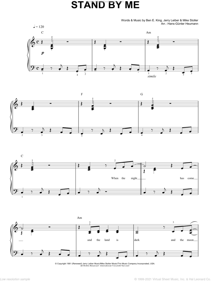 Stand By Me sheet music for piano solo by Ben E. King, Hans-Gunter Heumann, Jerry Leiber and Mike Stoller, easy skill level