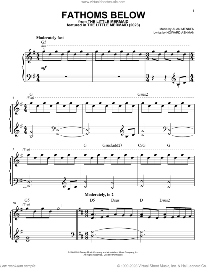 Fathoms Below (from The Little Mermaid) (2023) sheet music for piano solo by Jonah Hauer-King, John Dagleish and Christopher Fairbank, Alan Menken and Howard Ashman, easy skill level