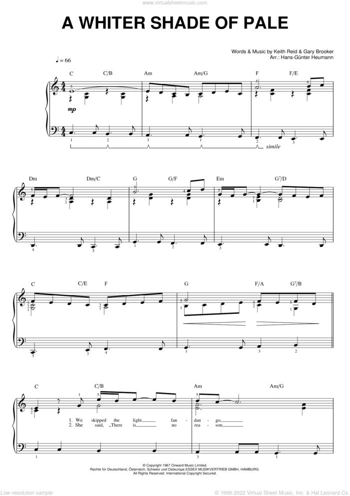 A Whiter Shade Of Pale sheet music for voice and piano by Procol Harum, Hans-Gunter Heumann, Gary Brooker, Matthew Fisher and Keith Reid, intermediate skill level