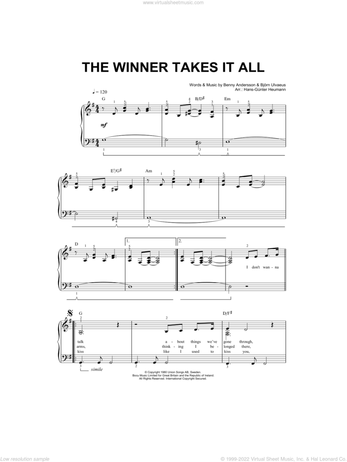 The Winner Takes It All sheet music for piano solo by ABBA, Benny Andersson, Bjorn Ulvaeus and Miscellaneous, easy skill level