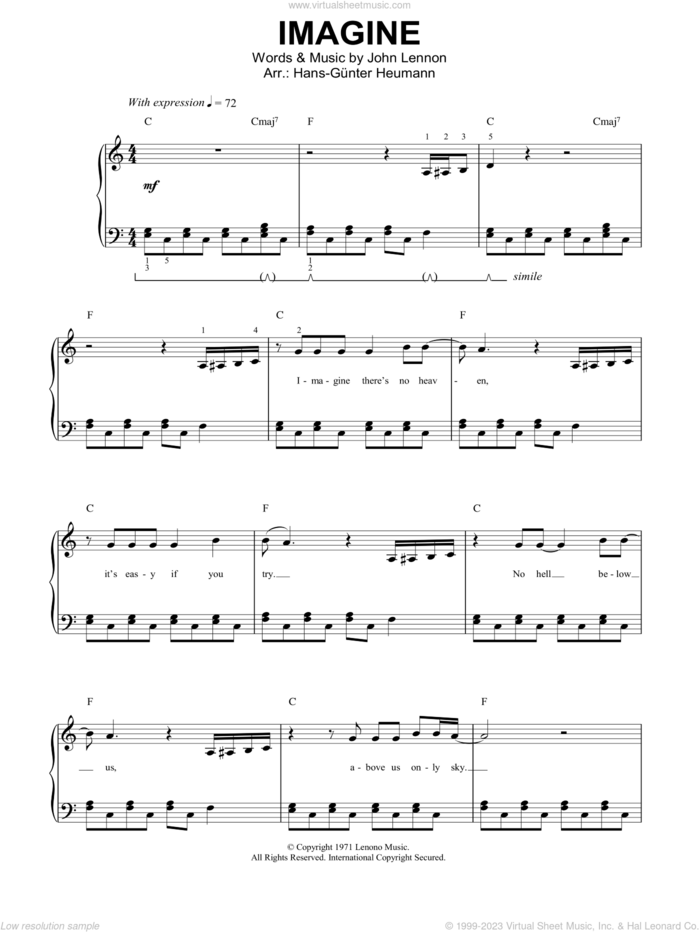 Imagine (arr. Hans-Gunter Huemann) sheet music for piano solo by John Lennon, easy skill level
