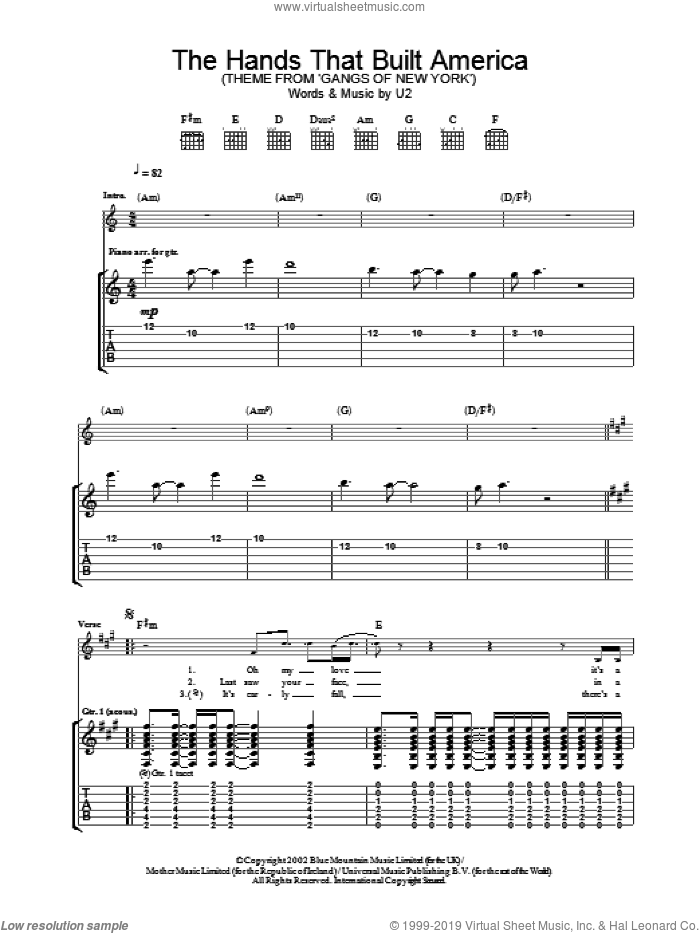 The Hands That Built America sheet music for guitar (tablature) by U2, intermediate skill level