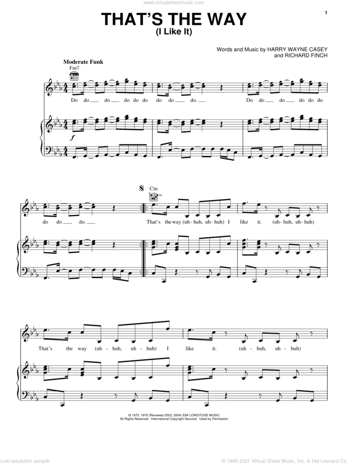 That's The Way (I Like It) sheet music for voice, piano or guitar by KC & The Sunshine Band, Harry Wayne Casey and Richard Finch, intermediate skill level