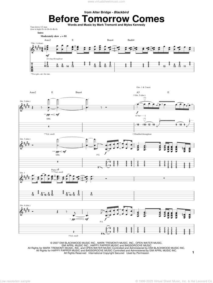 Before Tomorrow Comes sheet music for guitar (tablature) by Alter Bridge, Mark Tremonti and Myles Kennedy, intermediate skill level