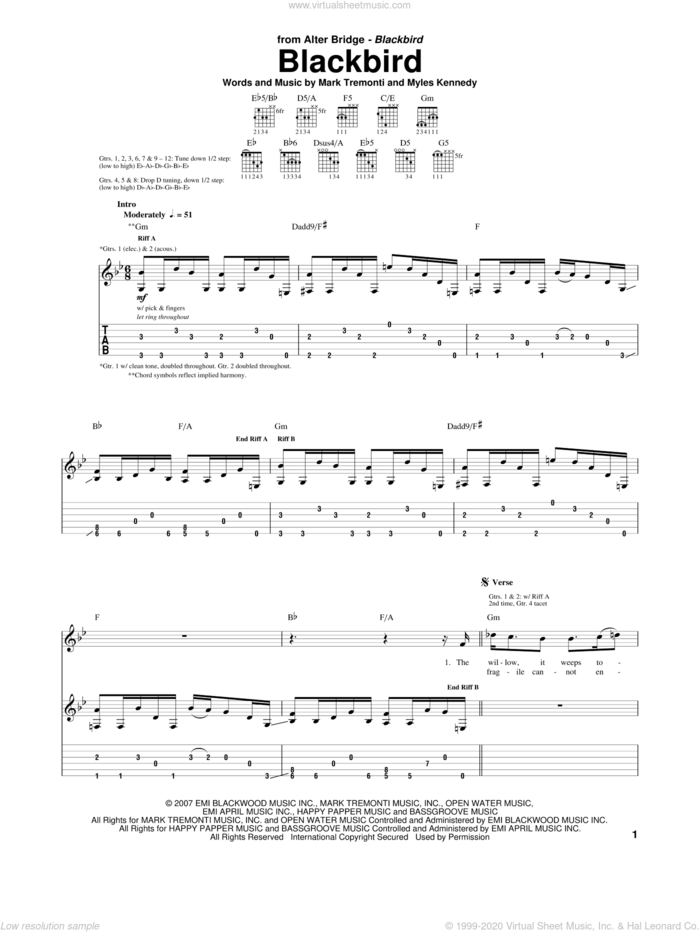 Blackbird sheet music for guitar (tablature) by Alter Bridge, Mark Tremonti and Myles Kennedy, intermediate skill level