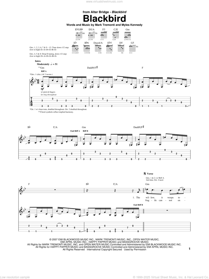 Blackbird sheet music for guitar (tablature) by Alter Bridge, Mark Tremonti and Myles Kennedy, intermediate skill level