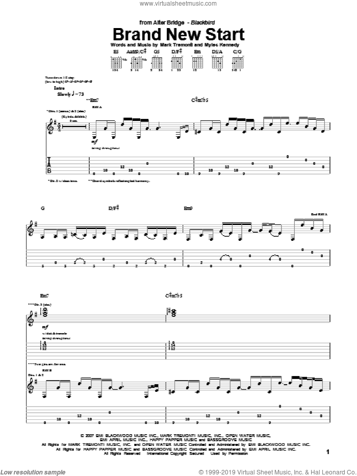 Brand New Start sheet music for guitar (tablature) by Alter Bridge, Mark Tremonti and Myles Kennedy, intermediate skill level