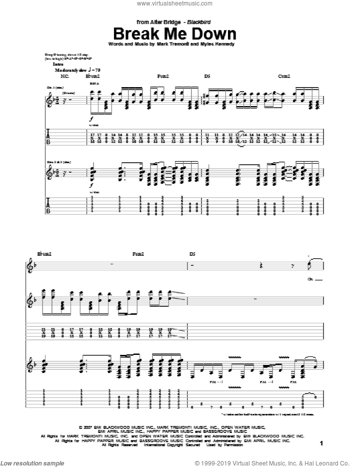 Break Me Down sheet music for guitar (tablature) by Alter Bridge, Mark Tremonti and Myles Kennedy, intermediate skill level