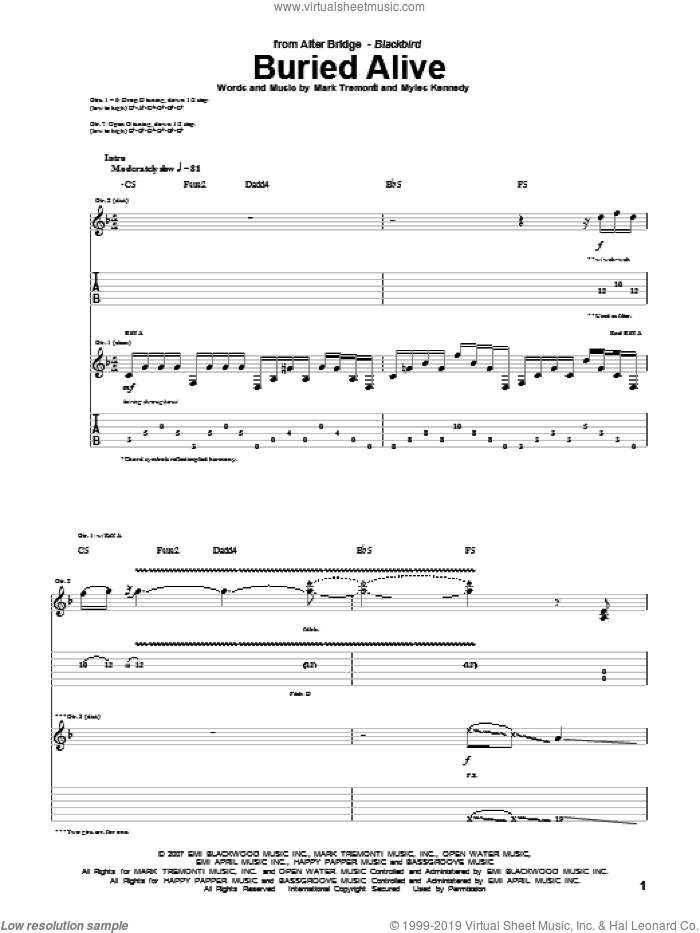 Buried Alive sheet music for guitar (tablature) by Alter Bridge, Mark Tremonti and Myles Kennedy, intermediate skill level
