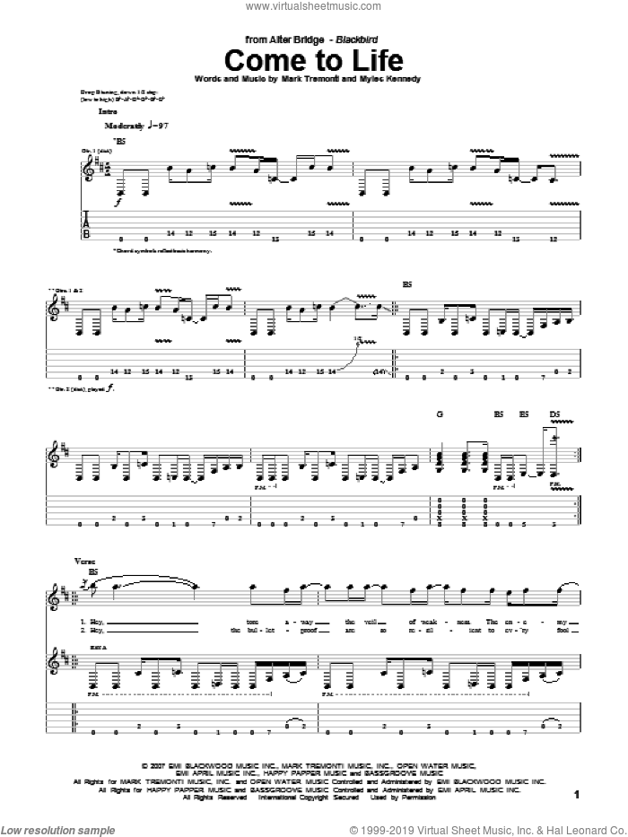 Come To Life sheet music for guitar (tablature) by Alter Bridge, Mark Tremonti and Myles Kennedy, intermediate skill level