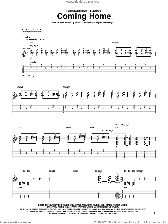 Coming Home sheet music for guitar (tablature) by Alter Bridge, Mark Tremonti and Myles Kennedy, intermediate skill level