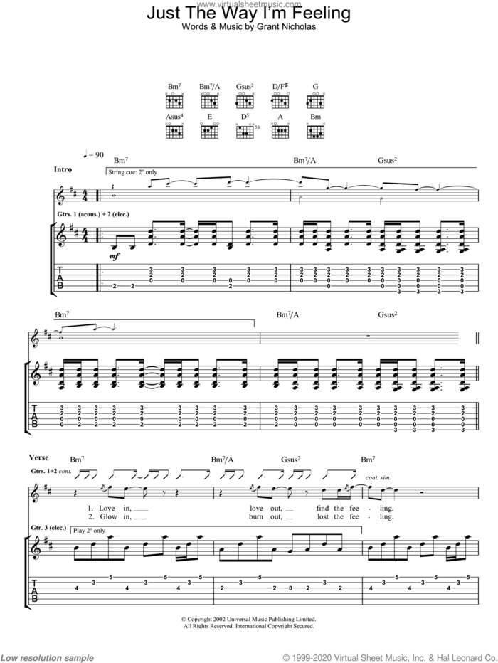 Just The Way I'm Feeling sheet music for guitar (tablature) by Feeder, intermediate skill level