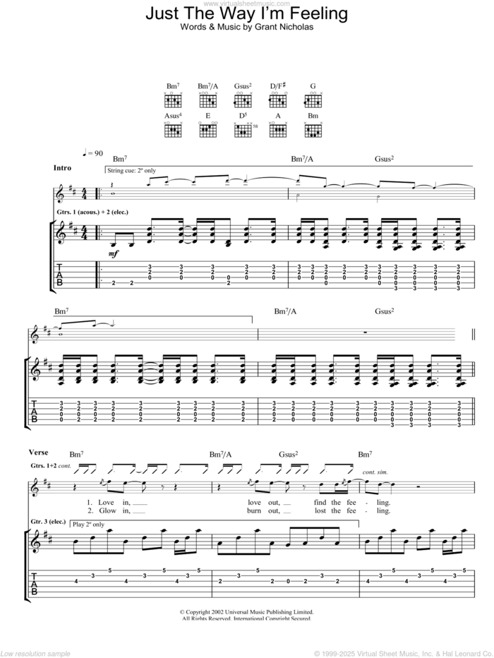 Just The Way I'm Feeling sheet music for guitar (tablature) by Feeder, intermediate skill level