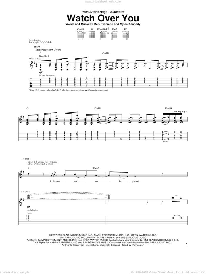 Watch Over You sheet music for guitar (tablature) by Alter Bridge, Mark Tremonti and Myles Kennedy, intermediate skill level