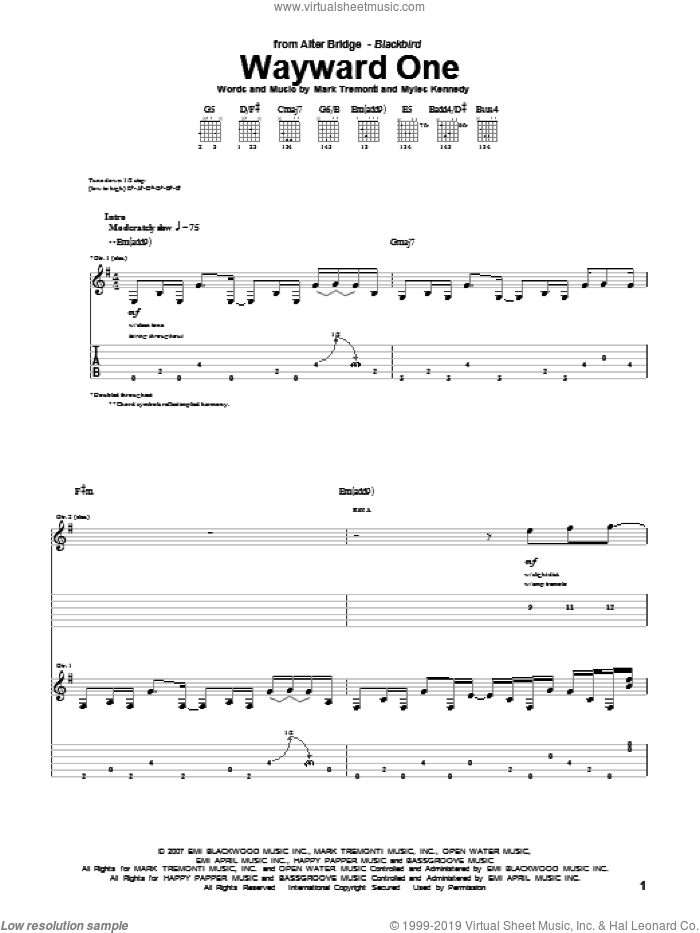 Wayward One sheet music for guitar (tablature) by Alter Bridge, Mark Tremonti and Myles Kennedy, intermediate skill level