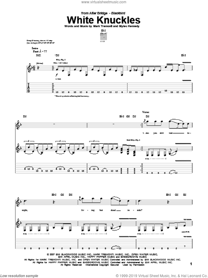 White Knuckles sheet music for guitar (tablature) by Alter Bridge, Mark Tremonti and Myles Kennedy, intermediate skill level