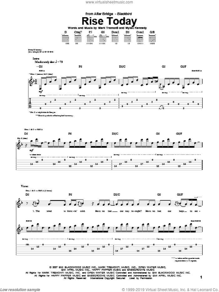 Rise Today sheet music for guitar (tablature) by Alter Bridge, Mark Tremonti and Myles Kennedy, intermediate skill level