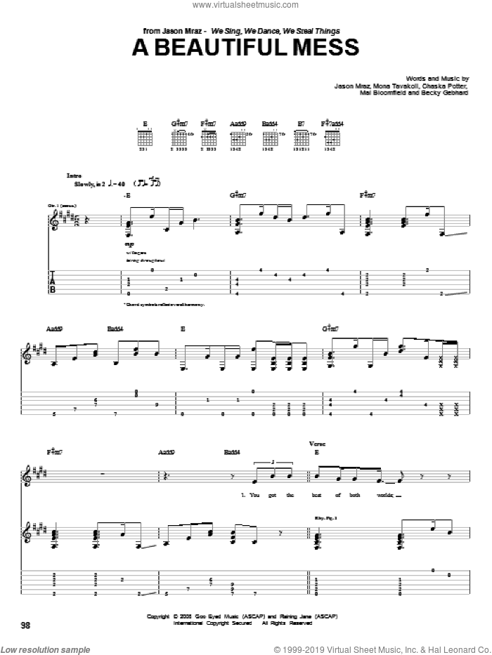 A Beautiful Mess sheet music for guitar (tablature) by Jason Mraz, Becky Gebhard, Chaska Potter, Mai Bloomfield and Mona Tavakoli, intermediate skill level