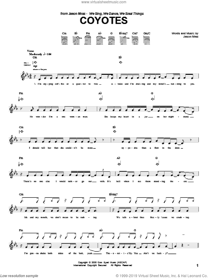 Coyotes sheet music for guitar (tablature) by Jason Mraz, intermediate skill level