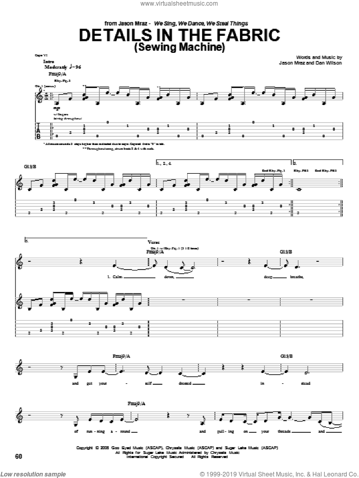 Details In The Fabric (Sewing Machine) sheet music for guitar (tablature) by Jason Mraz and Dan Wilson, intermediate skill level