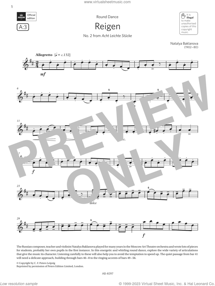 Reigen (Grade 3, A3, from the ABRSM Violin Syllabus from 2024) sheet music for violin solo by Natalya Baklanova, classical score, intermediate skill level