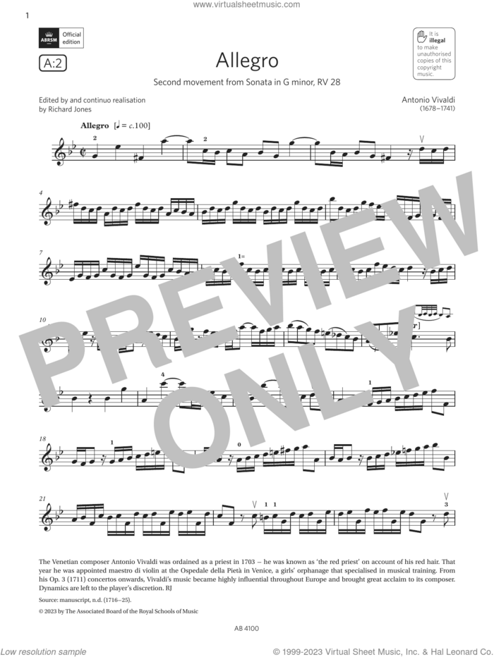 Allegro (Grade 6, A2, from the ABRSM Violin Syllabus from 2024) sheet music for violin solo by Antonio Vivaldi, classical score, intermediate skill level