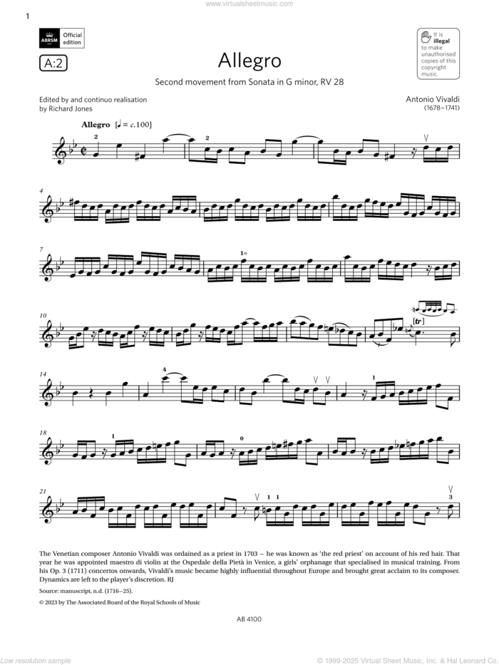 Allegro (Grade 6, A2, from the ABRSM Violin Syllabus from 2024) sheet music for violin solo by Antonio Vivaldi, classical score, intermediate skill level