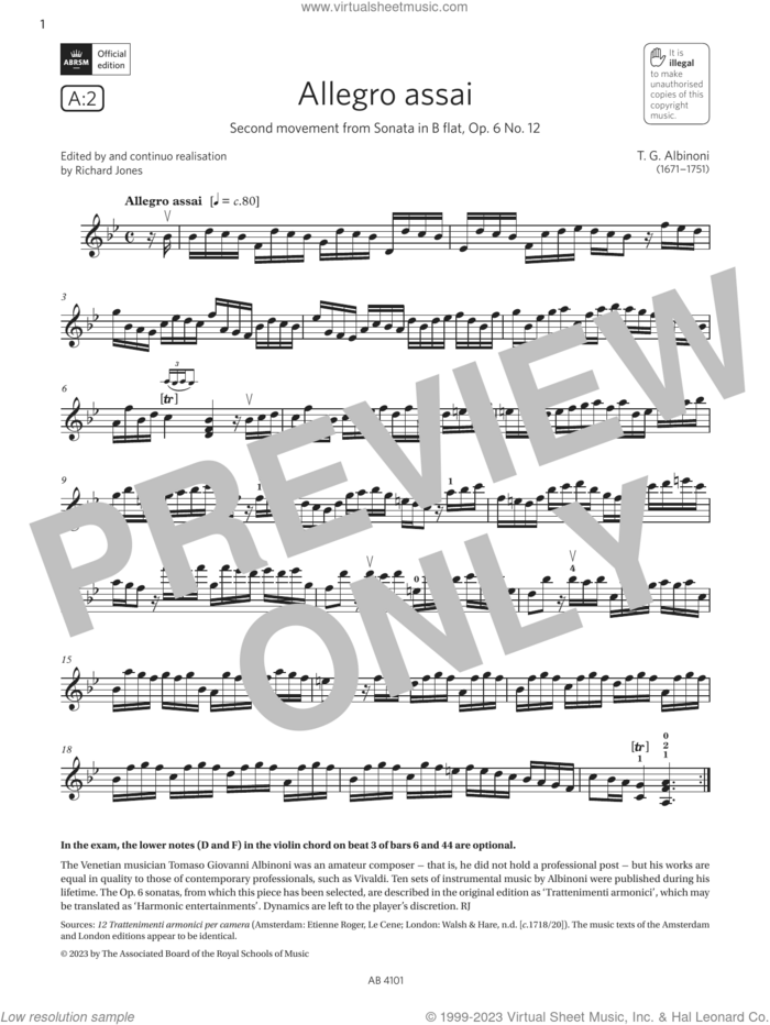 Allegro assai (Grade 7, A2, from the ABRSM Violin Syllabus from 2024) sheet music for violin solo by T. G. Albinoni, classical score, intermediate skill level