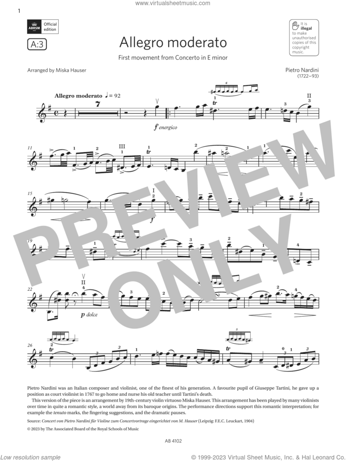 Allegro moderato (Grade 8, A3, from the ABRSM Violin Syllabus from 2024) sheet music for violin solo by Pietro Nardini and Miska Hauser, classical score, intermediate skill level