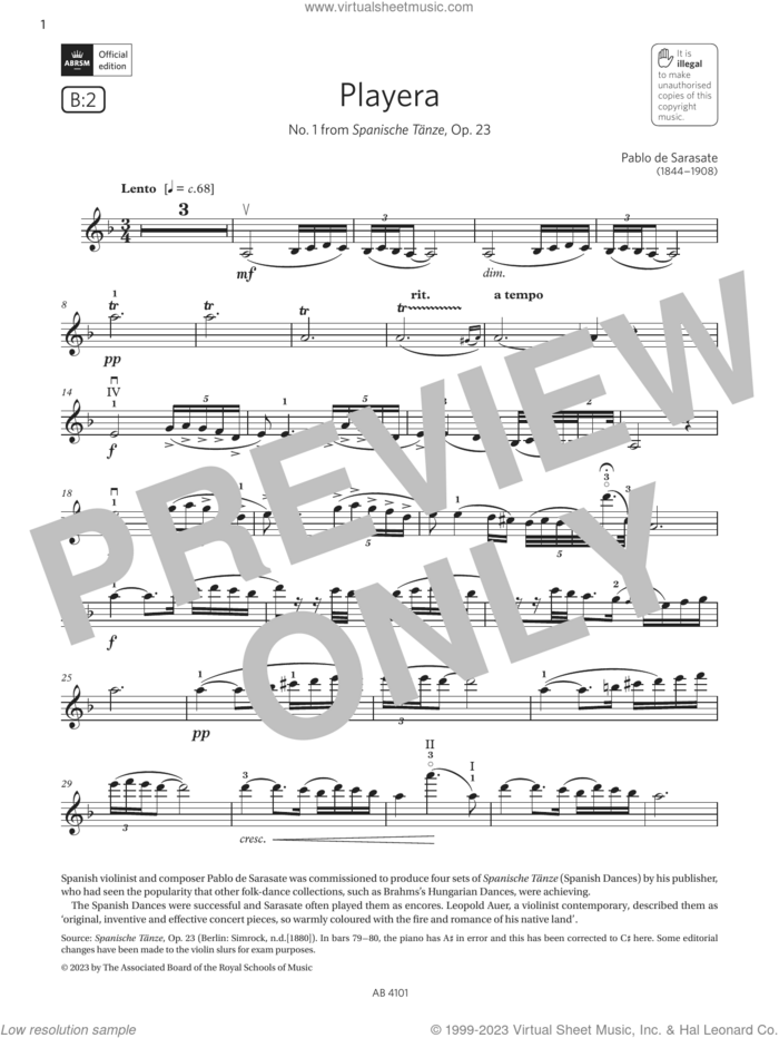Playera (Grade 7, B2, from the ABRSM Violin Syllabus from 2024) sheet music for violin solo by Pablo De Sarasate, classical score, intermediate skill level