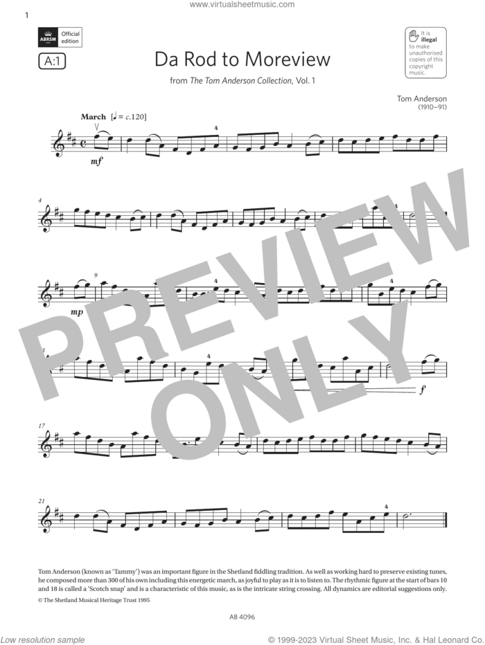 Da Rod to Moreview (Grade 2, A1, from the ABRSM Violin Syllabus from 2024) sheet music for violin solo by Tom Anderson, classical score, intermediate skill level