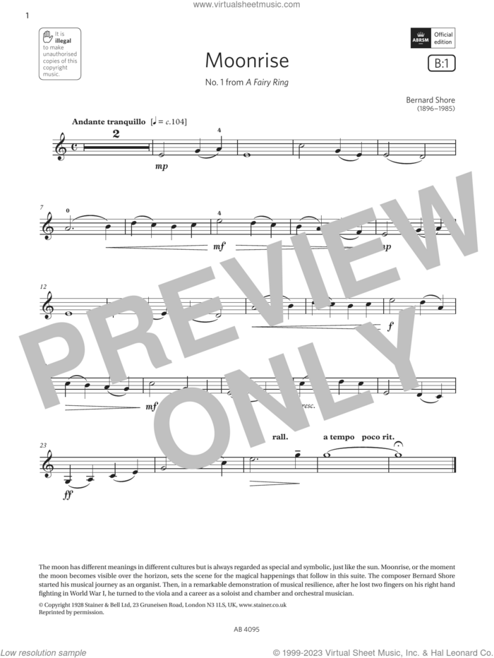 Moonrise (Grade 1, B1, from the ABRSM Violin Syllabus from 2024) sheet music for violin solo by Bernard Shore, classical score, intermediate skill level