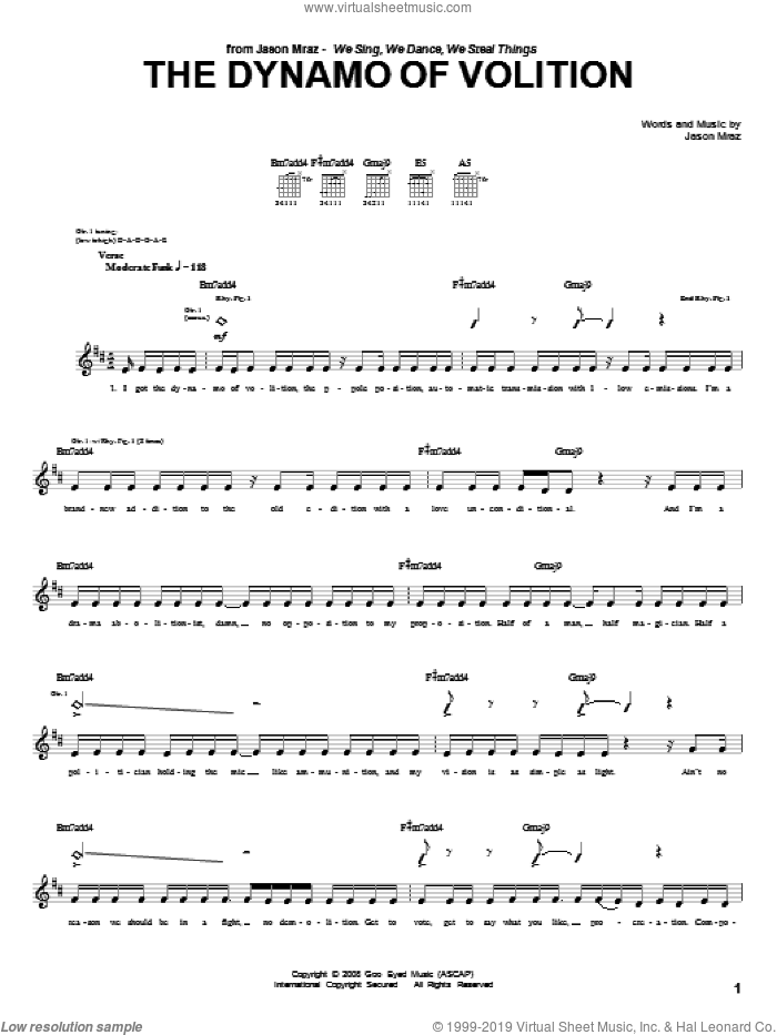 The Dynamo Of Volition sheet music for guitar (tablature) by Jason Mraz, intermediate skill level