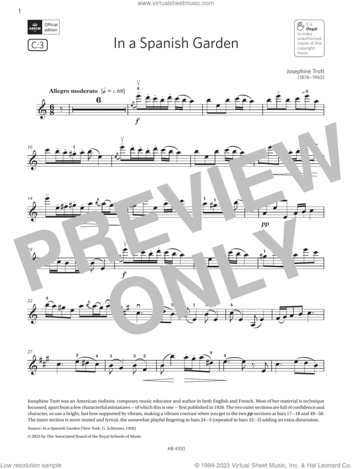 In a Spanish Garden (Grade 6, C3, from the ABRSM Violin Syllabus from 2024) sheet music for violin solo by Josephine Trott, classical score, intermediate skill level