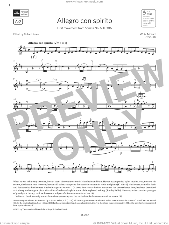 Allegro con spirito (Grade 8, A2, from the ABRSM Violin Syllabus from 2024) sheet music for violin solo by W. A. Mozart, classical score, intermediate skill level