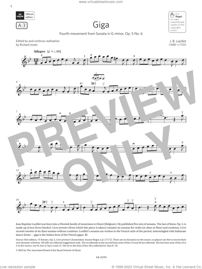 Giga (Grade 5, A3, from the ABRSM Violin Syllabus from 2024) sheet music for violin solo by J. B. Loeillet, classical score, intermediate skill level