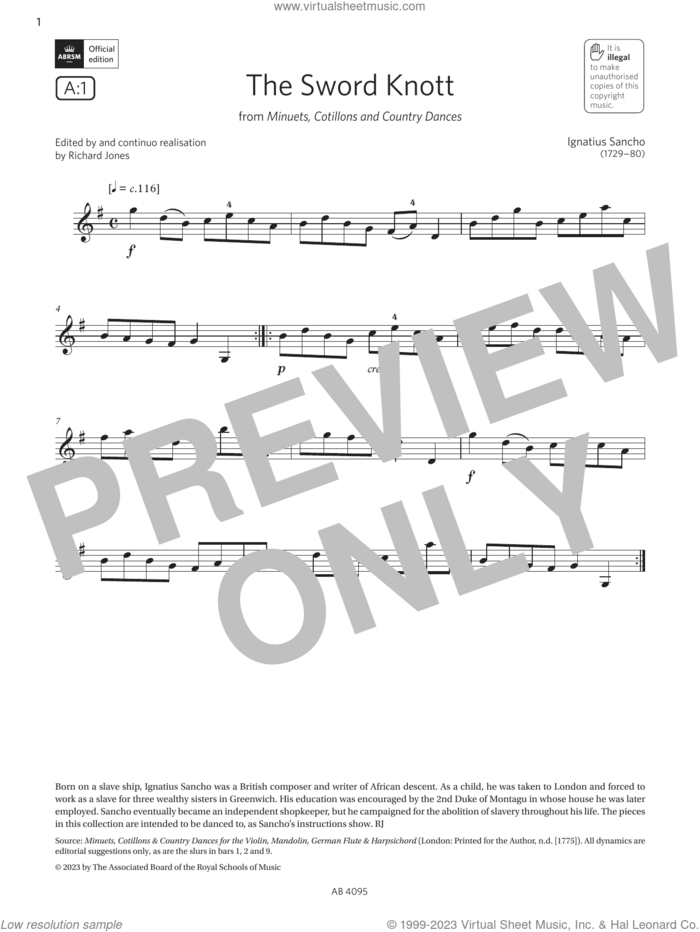 The Sword Knott (Grade 1, A1, from the ABRSM Violin Syllabus from 2024) sheet music for violin solo by Ignatius Sancho, classical score, intermediate skill level