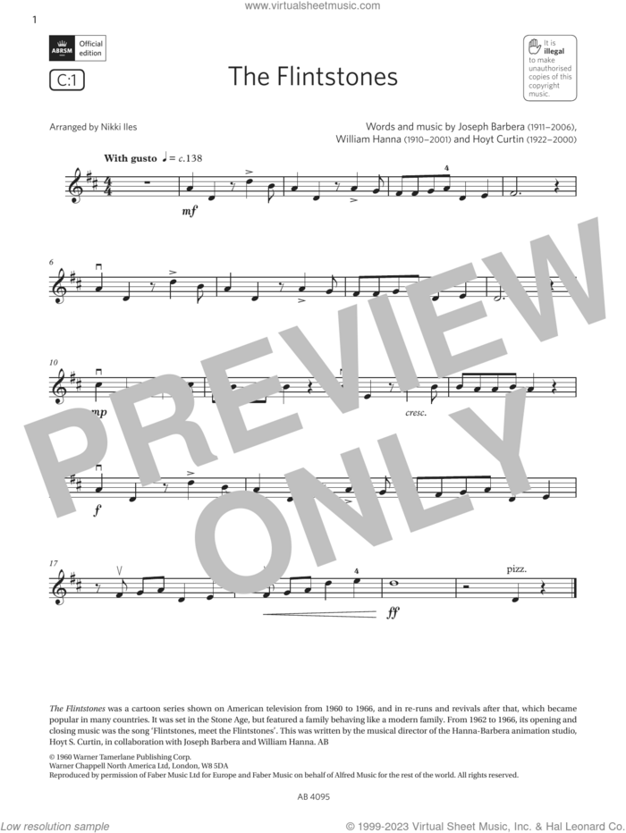 The Flintstones (Grade 1, C1, from the ABRSM Violin Syllabus from 2024) sheet music for violin solo by Hoyt Curtin, Nikki Iles, Joseph Barbera and William Hanna, classical score, intermediate skill level