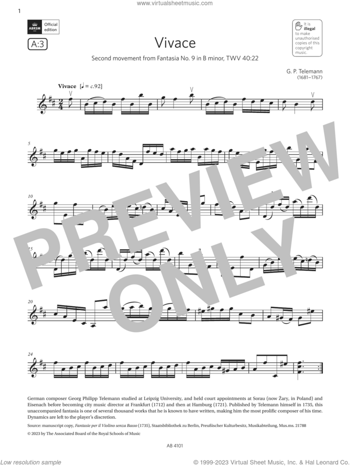Vivace (Grade 7, A3, from the ABRSM Violin Syllabus from 2024) sheet music for violin solo by G. P. Telemann, classical score, intermediate skill level