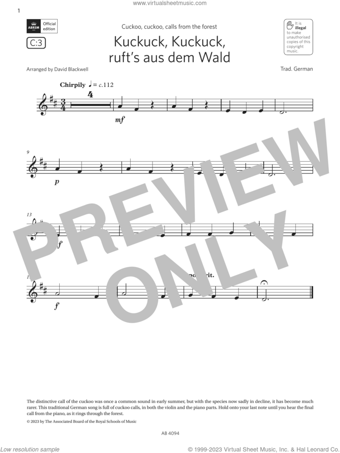 Kuckuck, Kuckuck, ruft's aus dem Wald (Grade Initial, C3, from the ABRSM Violin Syllabus from 2024) sheet music for violin solo by Trad. German and David Blackwell, classical score, intermediate skill level