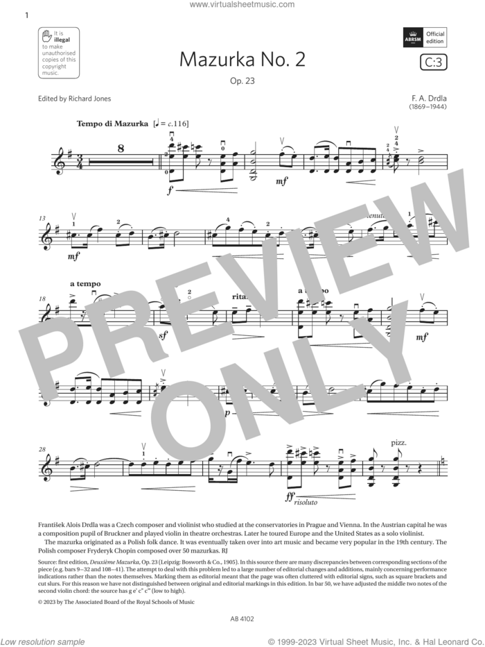 Mazurka No. 2 (Grade 8, C3, from the ABRSM Violin Syllabus from 2024) sheet music for violin solo by F. A. Drdla, classical score, intermediate skill level