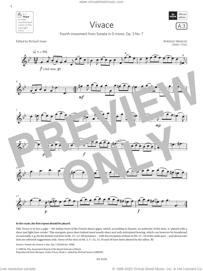 Vivace (Grade 4, A3, from the ABRSM Violin Syllabus from 2024) sheet music for violin solo by Antonio Veracini, classical score, intermediate skill level