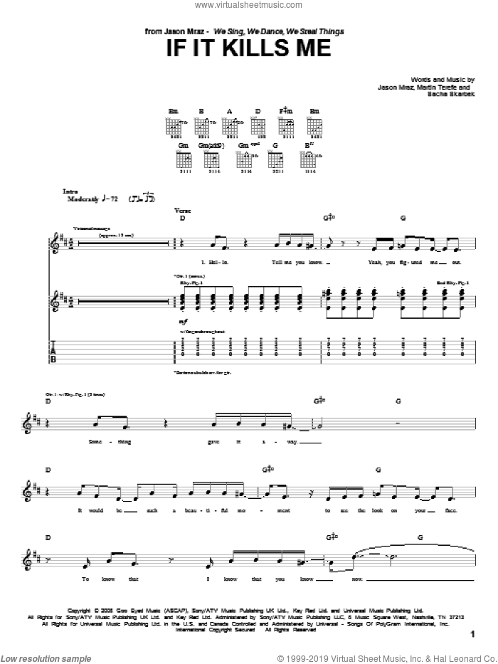 If It Kills Me sheet music for guitar (tablature) by Jason Mraz, Martin Terefe and Sacha Skarbek, intermediate skill level