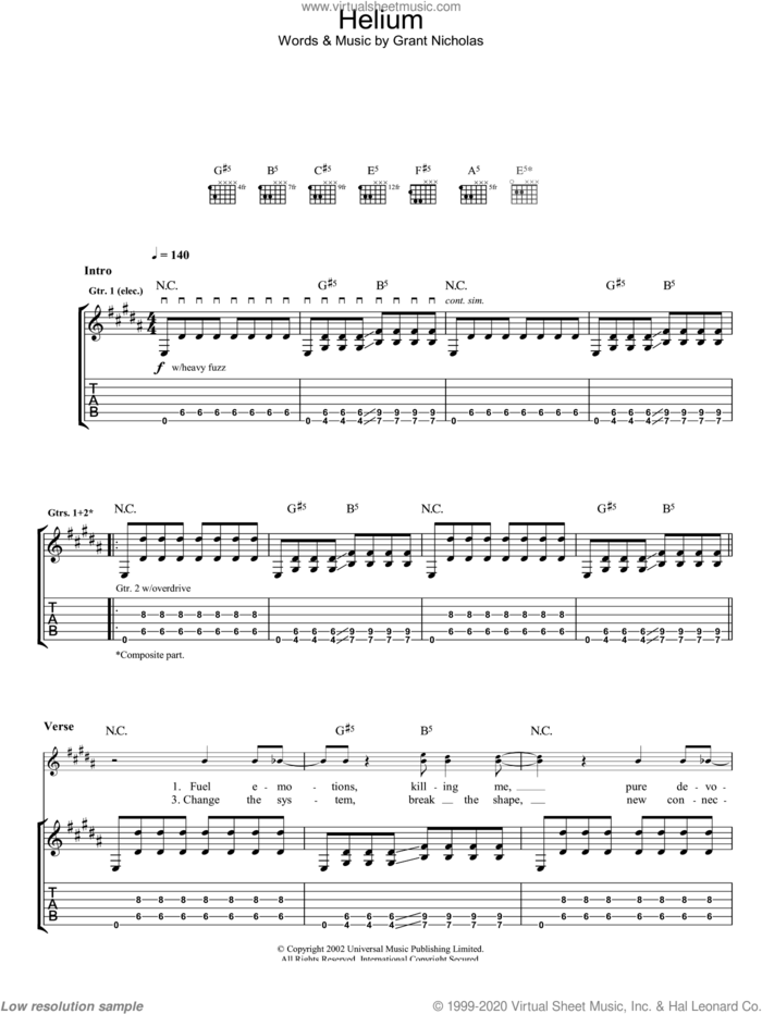 Helium sheet music for guitar (tablature) by Feeder, intermediate skill level