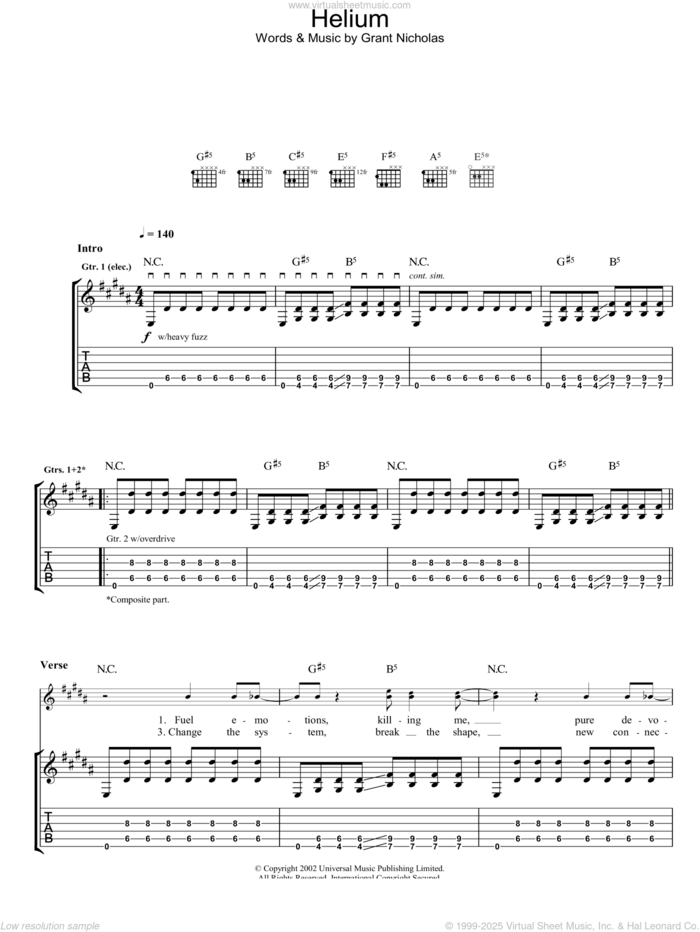 Helium sheet music for guitar (tablature) by Feeder, intermediate skill level