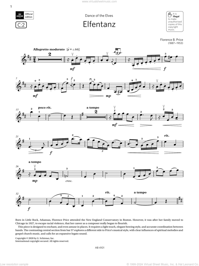 Elfentanz (Grade 7, C2, from the ABRSM Violin Syllabus from 2024) sheet music for violin solo by Florence Price, classical score, intermediate skill level